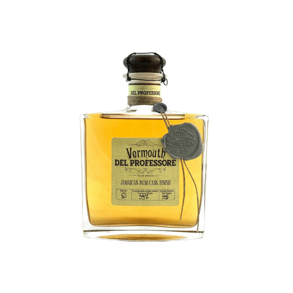 Vermouth Del Professore Jamaican Rum Cask Finish in square bottle with gold liquid