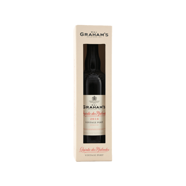 Graham's Quinta dos Malvedos Vintage Port 2018 wine bottle in cream gift box