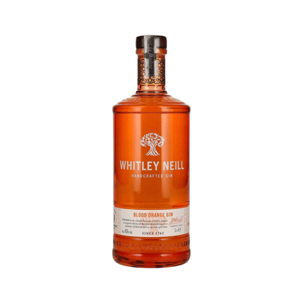 Whitley Neill Blood Orange Gin bottle, premium orange gin with label and logo visible