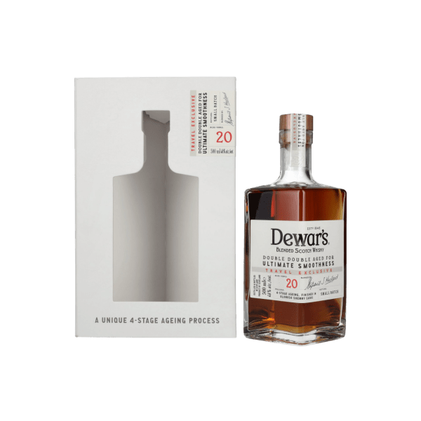 Dewar's 20 Year Old blended Scotch whisky bottle next to premium gift box, clear label visible