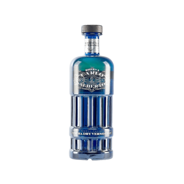 Blue glass bottle of premium extra dry vermouth with silver label