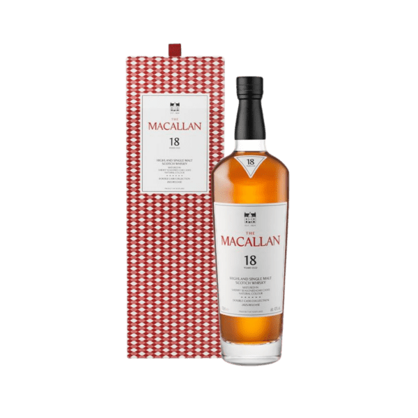 Macallan 18 year single malt whisky bottle with red patterned box, premium spirits