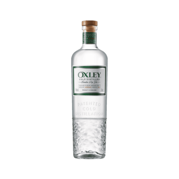 Oxley London Dry Gin bottle with clear glass and textured base, premium distilled spirit