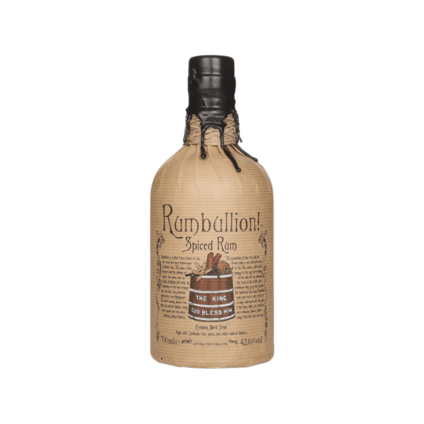 Rumbullion! spiced rum bottle with brown paper wrapping and black wax seal