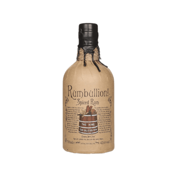 Rumbullion! spiced rum bottle with brown paper wrapping and black wax seal