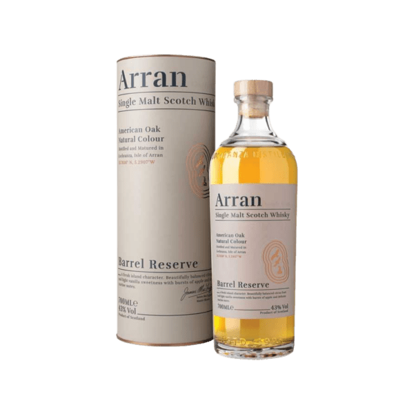 Arran Single Malt Scotch Whisky Barrel Reserve bottle with matching tube packaging
