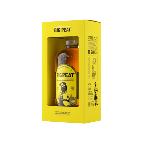 Big Peat Islay blended malt Scotch whisky in a yellow gift box with window display