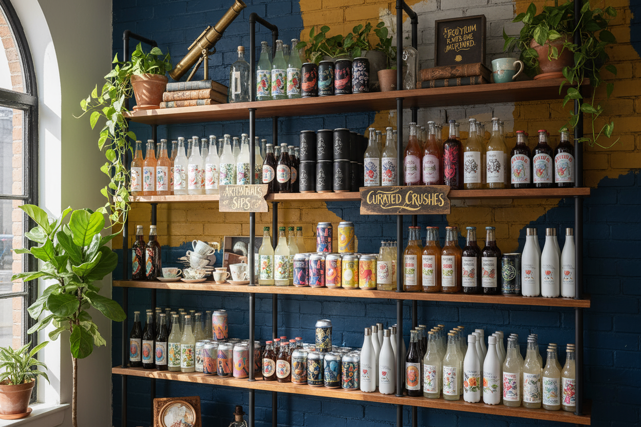 beverage shelf in artsy store